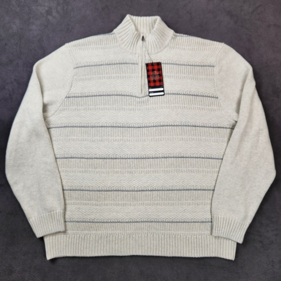 Chaps 1/4 Zip Sweater Mens XXL Beige Gray Striped Pullover Heavy Knit Cotton NWT - Picture 1 of 10
